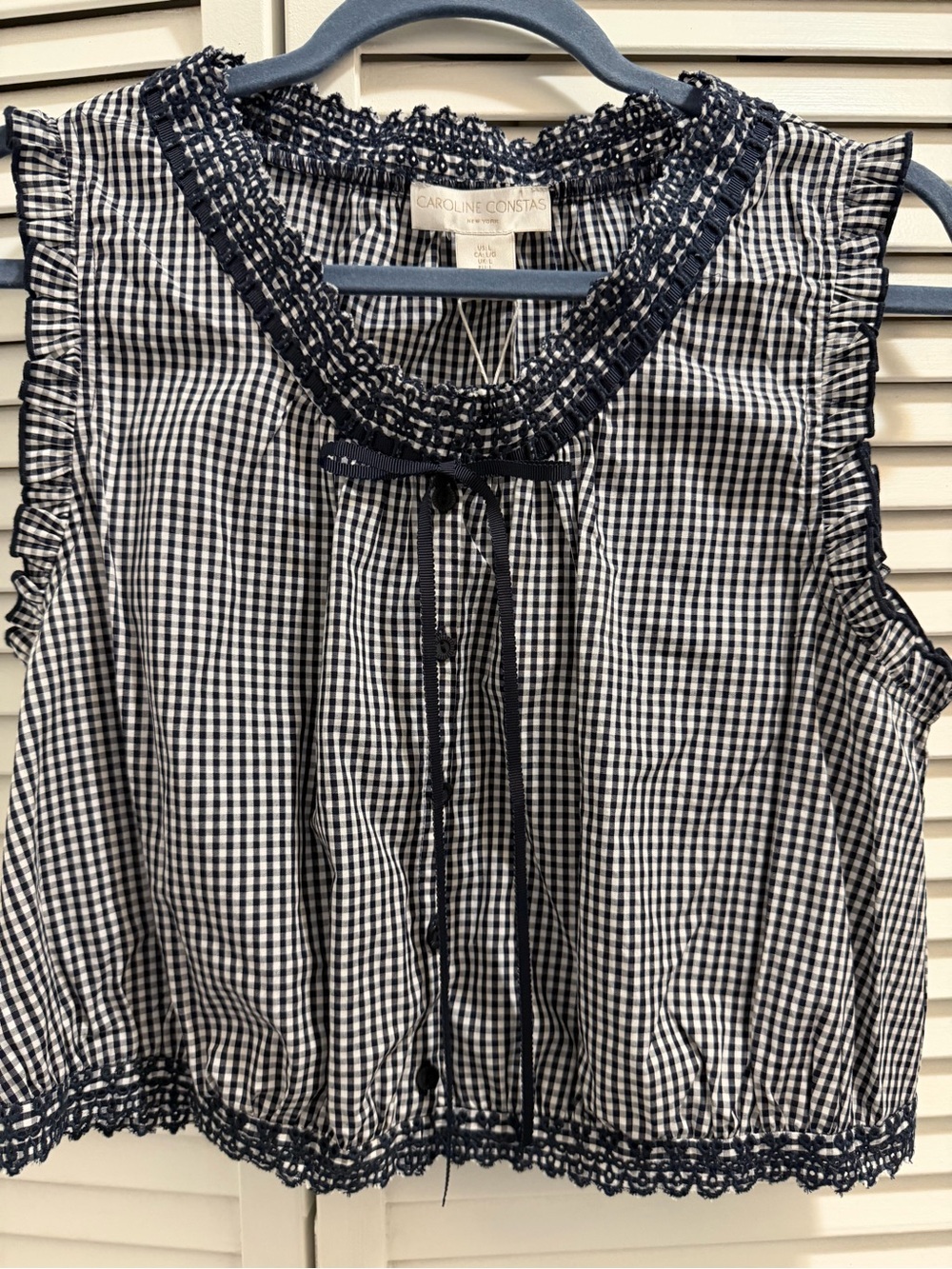 NWT Caroline Constas Gingham Smocked Crop Top Embroidered Trim Blue White L